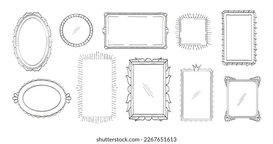 Frames, mirror set in hand drawn style. Vintage image frame doodle labels. Blank black square rectangle label elegant sketches. Outlines photo border.  Picture frames as graffiti.