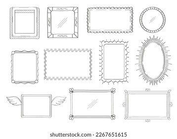 Marcos, espejo con estilo dibujado a mano. Etiquetas de doodle de marco de imagen vintage. Dibujos elegantes de rectángulos cuadrados negros en blanco. Describe el borde de la foto.  Los marcos de las imágenes como graffiti.