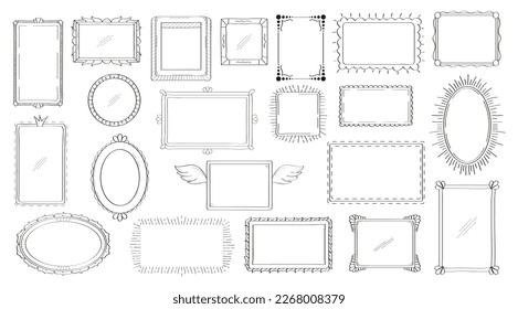 Frames, mirror set in hand drawn style. Vintage image frame doodle labels. Blank black square rectangle label elegant sketches. Outlines photo border.  Picture frames as graffiti.