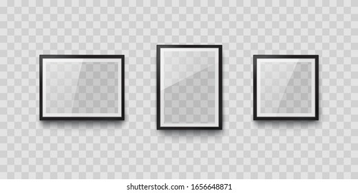 Frames mockup template isolated on transparent wall background. Realistic blank picture or photograph frames. Vector glass black photoframes A4 format for interior artwork design.