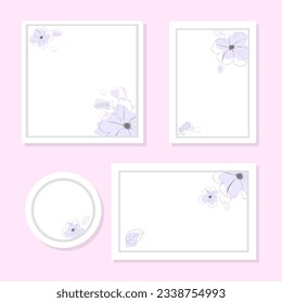 Frames for mockups with lilac contour flowers. Layout, poster, background, with hand drawn outline flowers. The concept of product presentation, empty, copy space. Flat vector illustration.