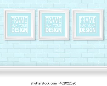 Frames on blue bricks wall. White photoframes mockup set. Modern trendy empty framing for your design. Vector template for picture, painting, drawing, poster or photo.