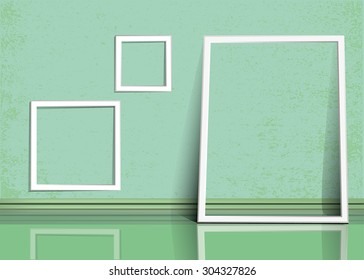 Frames on the green wall. Vector illustration.