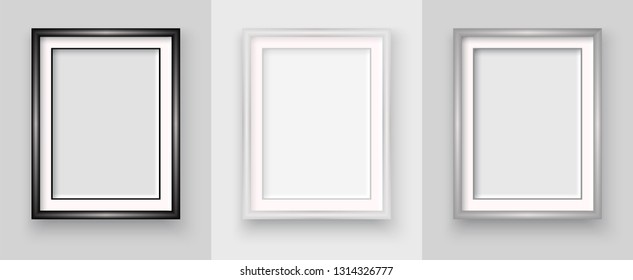 Frames on the wall. Photoframe mock up set. Empty framings for your design. Frames set. Place for text. Vector templates bundle for picture, painting, poster, lettering or photo gallery.