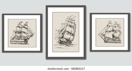 Frames on wall. Vector hand drawn sketches of sailing ships