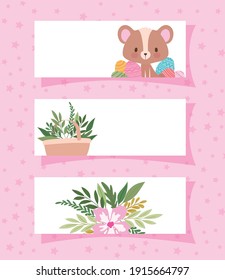 frames with one cute bear and one basket full of plants vector illustration design