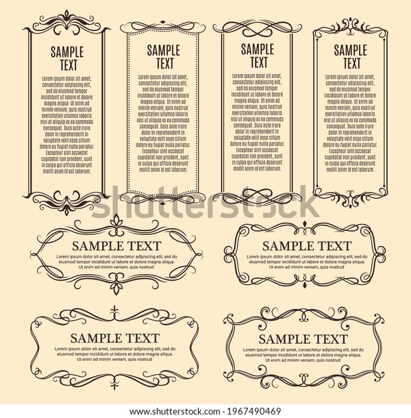 Frames, ornate borders with vintage ornaments\
and floral decorations, vector. Retro flourish swirls, ornate\
borders and corners for certificate or menu text, scroll frames and\
calligraphic dividers