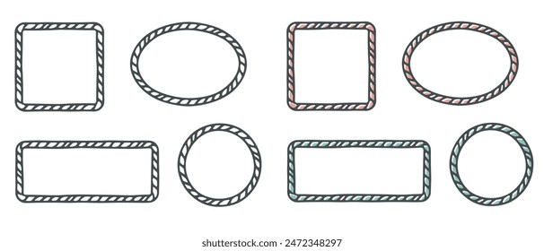 Contorno de marcos, conjunto de fondo de color pastel. Dibujado a mano adorno de garabato decorativo, pincel de tinta trazo, línea negra borde colección. Círculo, cuadrado, rectángulo Formas. Ilustración vectorial