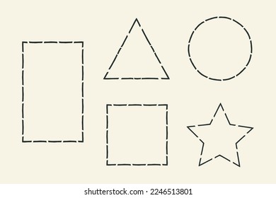 Frames outline set. Hand drawn decorative doodle ink stroke borders collection, dash line, circle, square, rectangle, triangle, star shapes for business cards, web design labels. Vector illustration