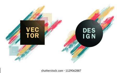 Frames with paint brush strokes of bright colors vector set. Frame borders with painted brushstrokes backgrounds. Graphics design templates for banners, flyers, music party posters in red and teal.