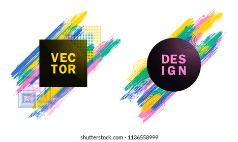 Frames with paint brush strokes of bright colors vector set. Frame borders with painted brushstrokes backgrounds. Graphics design templates for banners, flyers, music party posters