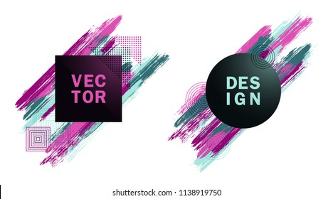 Frames with paint brush strokes of bright colors vector set. Frame borders with painted brushstrokes backgrounds. Graphics design templates for banners, flyers, music party posters in purple teal.