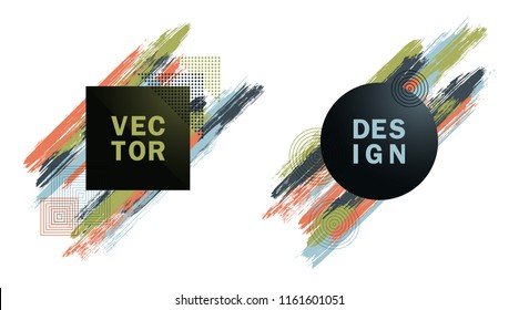 Frames with paint brush strokes of bright colors vector set. Frame borders with painted brushstrokes backgrounds. Graphics design templates for banners, flyers, music party posters in gren blue brown.