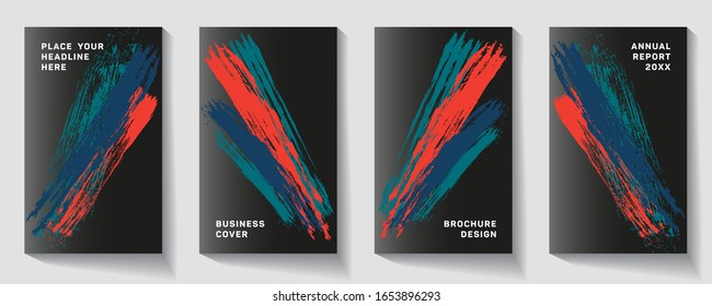 Frames paint brush strokes of colors vector set. Vertical banners set in modern style. Typographic template.