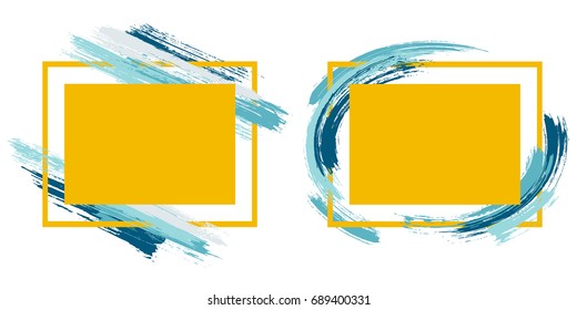 Frames with paint brush strokes of yellow and blue colors vector collection. Borders with painted brushstrokes backgrounds. Graphics design templates for banners, flyers, posters, cards