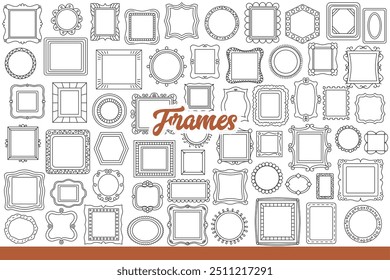 Quadros para pinturas e fotografias que decoram a parede na galeria de arte ou no museu. Belas molduras de madeira para pinturas ou espelhos para design de interiores de apartamento em estilo barroco. Mão desenhada.