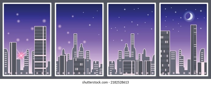 Marcos con vistas a una gran ciudad, edificios altos, el sol naciente y la luna alta en el cielo,- para impresiones enmarcadas en la pared, huellas de lona, afiche, decoración de casa