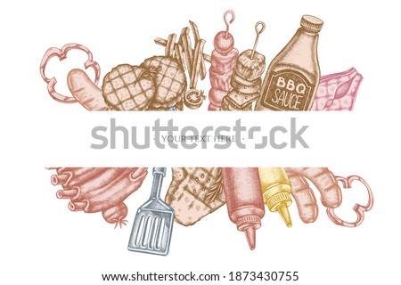 Frames with pastel spatula, Pork ribs, kebab, sausages, steak, sauce bottles, grilled burger patties, grilled tomato, grilled salmon steak, grilled bell pepper