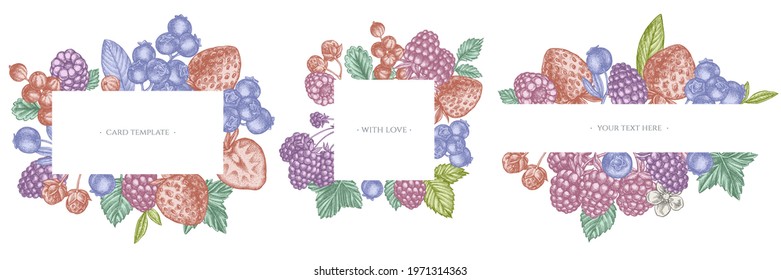 Frames with pastel strawberry, blueberry, red currant, raspberry, blackberry