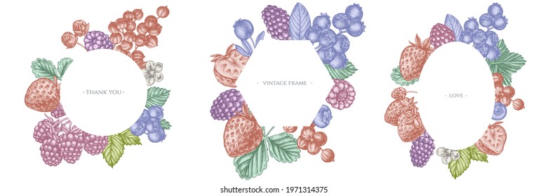 Frames with pastel strawberry, blueberry, red currant, raspberry, blackberry
