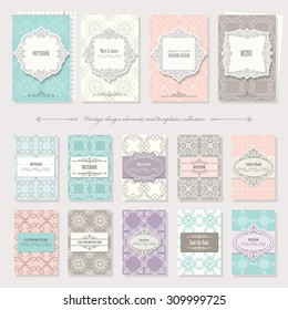 Frames and patterns set. Templates, cards in vintage style. Pastel calm colors. Can be used in different variations.