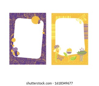 Frames for a photo album, invitation, Notepad, or postcard. Spring mood with flowers, bird, grass and insects. Beautiful frame, border. Vector illustration.