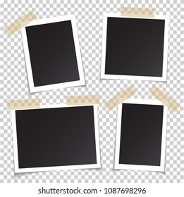 Frames of photo with shadow pin on sticky tape. Realistic empty square black and white photo snapshot isolated on transparent background. Vector frame of picture for your design