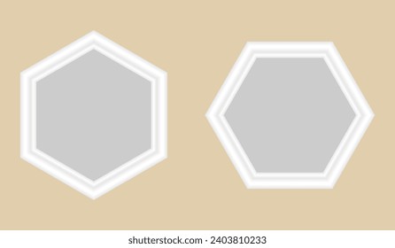 Frames photo vector. hexagon white frames for mockup, picture, painting, poster, lettering or photo gallery. vector illustration isolated on beige color background.