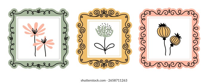Marcos para Fotos, cuadros, textos, tarjetas de felicitación, invitaciones de boda y cumpleaños. Garabatos para hacer varios diseños. Antiguas, diseño retro. Ilustración vectorial dibujada a mano con un espacio vacío.