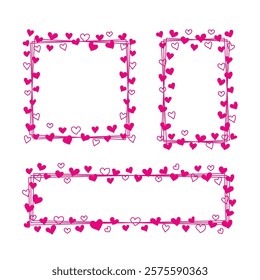 Frames of pink hearts hand drawn on white background with space for text, vector illustration