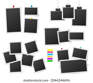 Frames and pins. Photos frame collage, sticker pins and tapes. Photograph accessories, retro photo picture templates recent vector collection