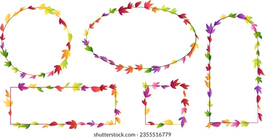 Frames from plants with autumn colorful leaves. Simplistic foliage decoration element.