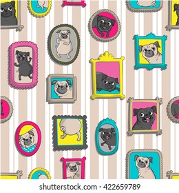 Frames with portraits of pugs. Seamless vector pattern with funny dogs.