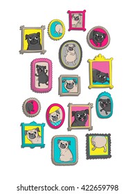 Frames with portraits of pugs. Vector illustrations with funny dogs.