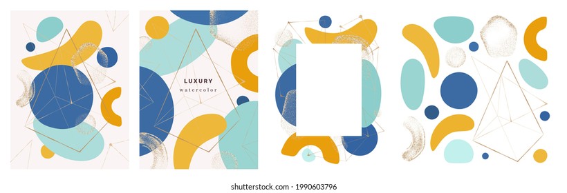 Marcos y afiches con formas abstractas minimalistas, decoración geométrica y estilo acuarela de las formas. Banner moderno con brillo de oro y texturas, colección de portadas, vector de dibujos animados realistas