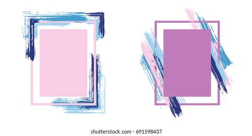 Frames of purple, blue and violet colors paint brush strokes vector collection. Borders with painted brushstrokes backgrounds. Graphics design templates for banners, flyers, posters, birthday cards.
