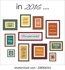 Frames with quotes and sayings on the wall, Vector illustration for new year card or poster with best wishes