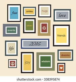 Frames with quotes and symbols on the wall, Vector illustration for new year card or poster with best wishes in vintge colors