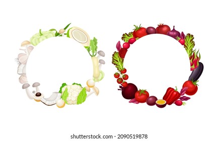 Frames of red or white fruit, vegetables and mushrooms. Round frame with space for text vector illustration