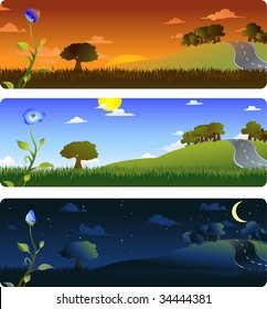 Frames representing the evolution of a flower at sunrise, afternoon and night. Each frame on separate layers, easily editable. Vector EPS 8. Radial and linear gradients used.
