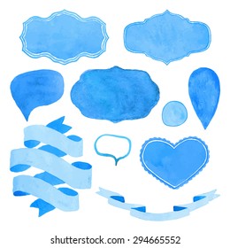 Frames and ribbons. Hand-drawn decorative set. Real watercolor drawing. Vector illustration. Traced painting