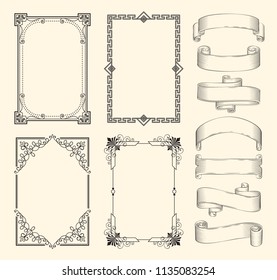 Frames and ribbons vector monochrome sketch set. Frameworks with geometric ornament and curls, floral pattern, shaped and rolled, scroll strips icon