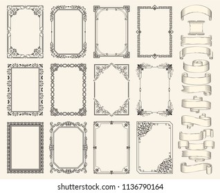 Frames and ribbons vector monochrome sketch set. Frameworks with geometric ornament and curls, floral pattern, shaped and rolled, scroll strips icon