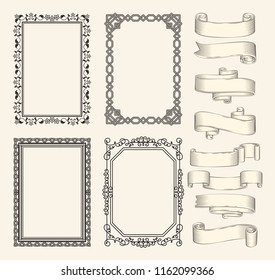 Frames and ribbons vector monochrome sketch set. Frameworks with geometric ornament and curls, floral pattern, shaped and rolled, scroll strips icon