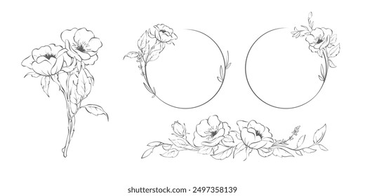 Frames from rosehip and lavender. Sketch in lines, freehand drawing. Vector illustration, rose flowers isolated on white background.	