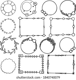 frames round and Rectangular set sketch hand drawn doodle. collection of border elements for design, vector, monochrome, minimalism, hearts, flowers, leaves, arrows, bow