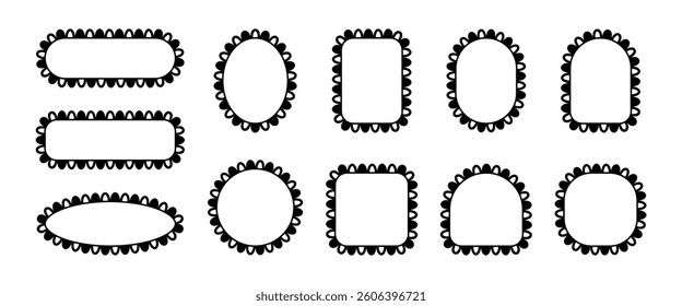 Frames scallop edge. Lace borders with pattern. Set of illustrations with decorative ornament. Empty black templates for design.