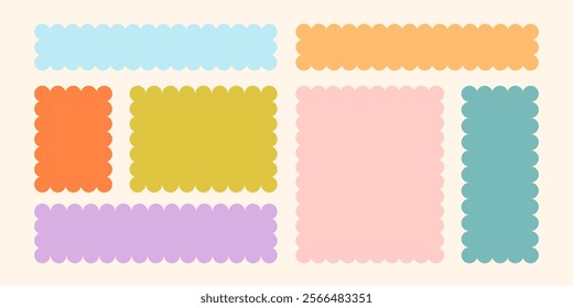 Frames Scalloped Vector Corrugated Bento Grid Shapes Set. Scallop Frame Wavy Retro Stickers Collection. Zig Zag Edge Geometric Borders Tag Boxes. Wiggle Line Design Sign Background. Isolated