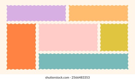 Frames Scalloped Vector Corrugated Bento Grid Shapes Set. Scallop Frame Wavy Retro Stickers Collection. Zig Zag Edge Geometric Borders Tag Boxes. Wiggle Line Design Sign Background. Isolated