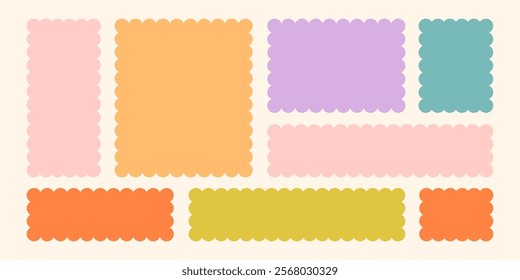 Frames Scalloped Vector Corrugated Bento Grid Shapes Set. Scallop Frame Wavy Retro Stickers Collection. Zig Zag Edge Geometric Borders Tag Boxes. Wiggle Line Design Sign Background. Isolated